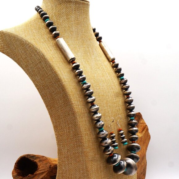 Native American Navajo Turquoise Silver Pearls Spiney Oyster Necklace & Earrings - Picture 3 of 10